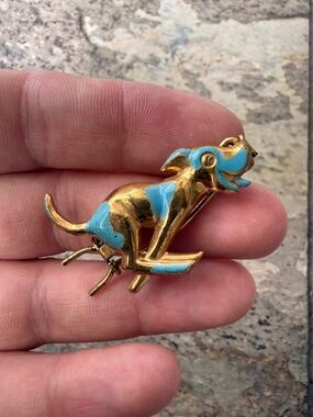 Cute Vintage 1940s Hair Clip Barrette Light Blue & Gold Dog Puppy Pinch Clasp.